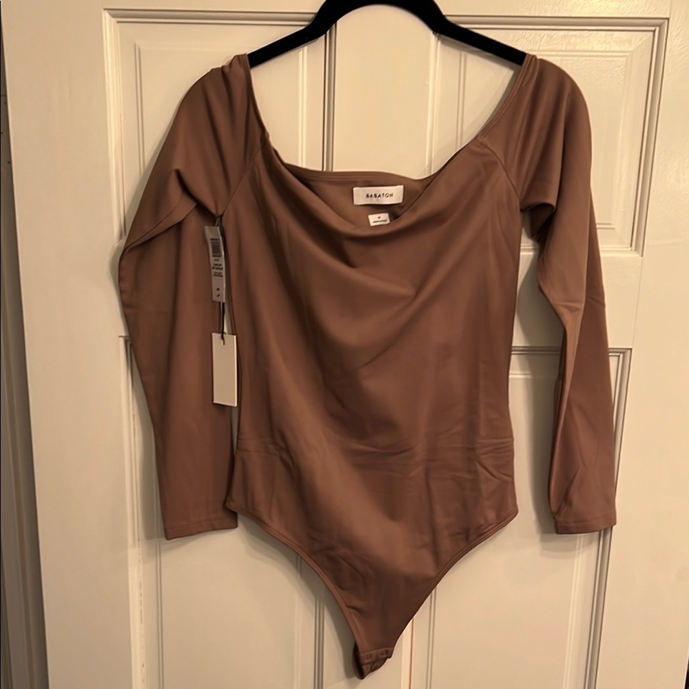 Brown Asymmetrical Bodysuit with Long Sleeves